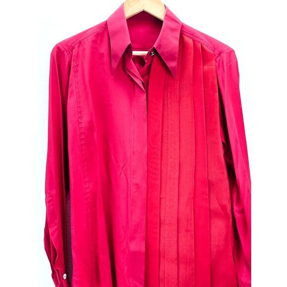 Lucie Brochard Top Womens S Red Silk French Designer Button Down Architectural - Picture 4 of 15